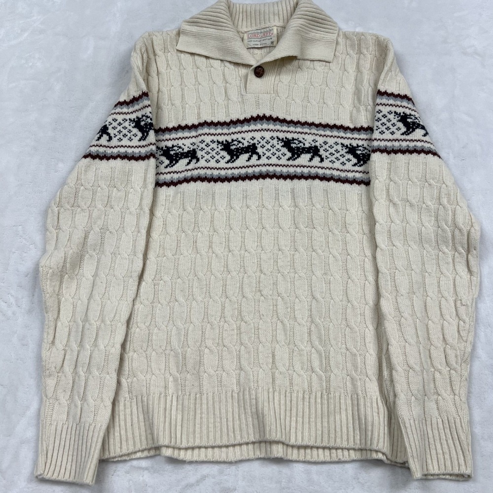 Lord Jeff Sweater Mens Medium Ivory Cable Knit Reindeer Fair Isle Shawl Collar